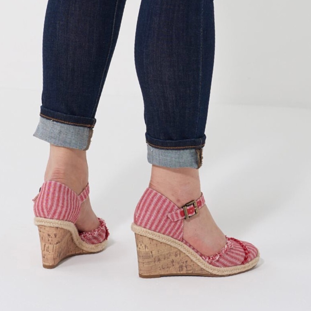 NIB Red/White Linen Striped Cork Wedge Sandals - Picture 3 of 7